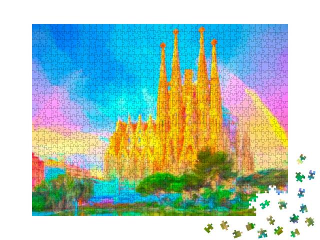 Painting. La Sagrada Familia by Antoni Gaudi in Piazza Ga... Jigsaw Puzzle with 1000 pieces
