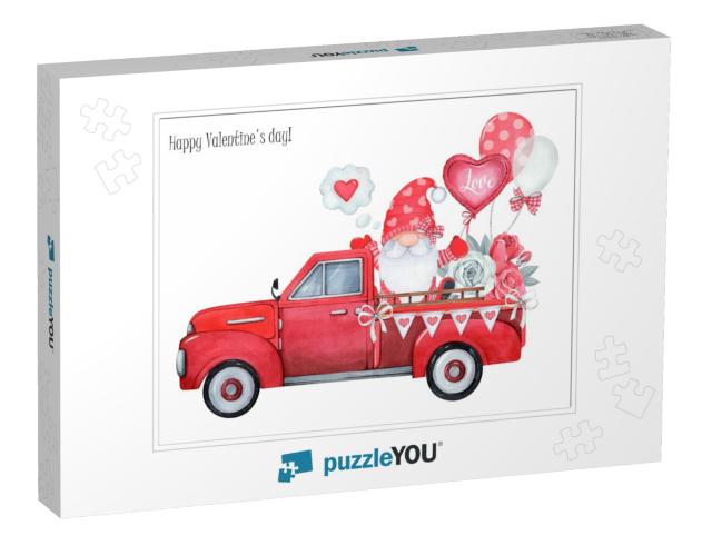 Red Truck for Valentines Day. Cartoon Gnome with... Jigsaw Puzzle