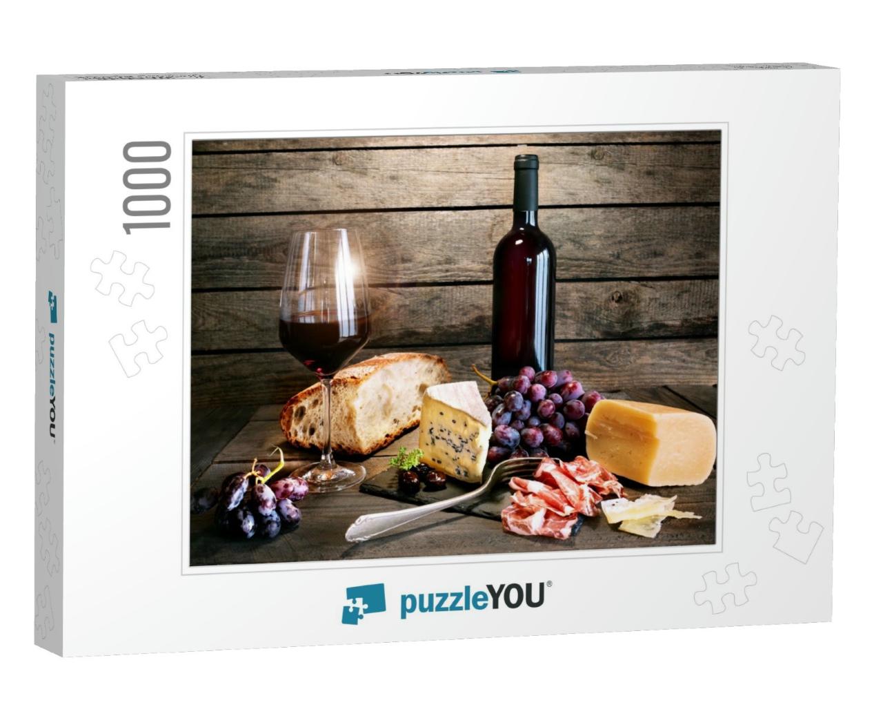 Italian Lifestyle with Red Wine, Aromatic Cheese & Ham on... Jigsaw Puzzle with 1000 pieces