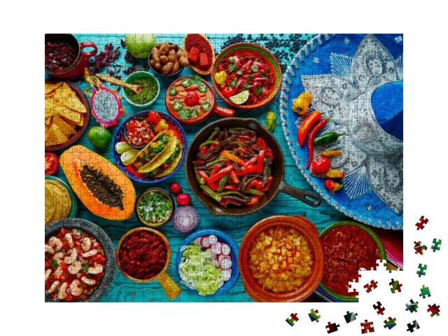 Mexican Food Mix Colorful Background Mexico & Sombrero... Jigsaw Puzzle with 1000 pieces