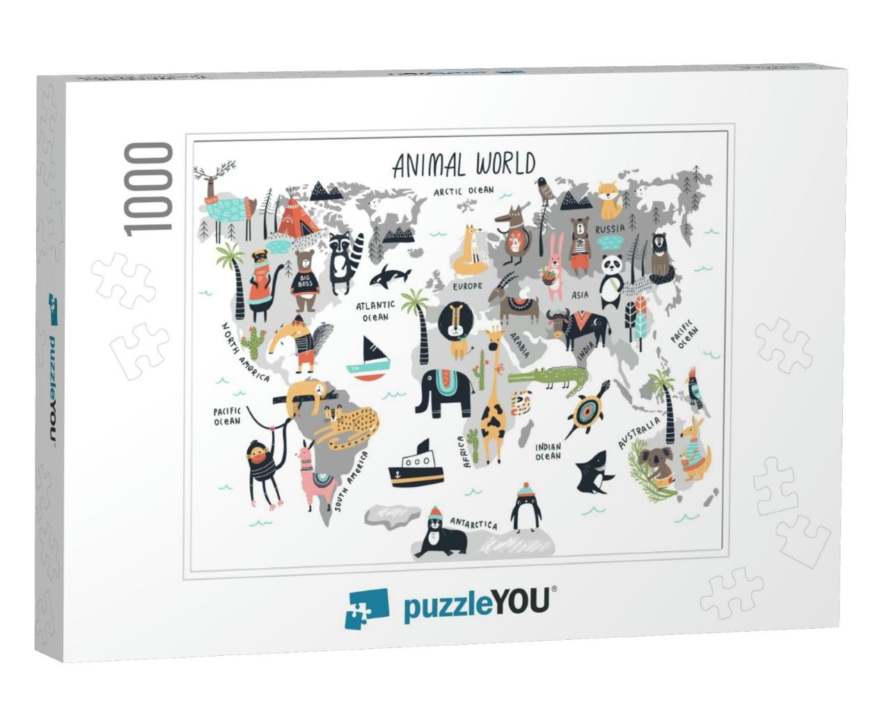 Animal World Map - Cute Cartoon Hand Drawn Nursery Print... Jigsaw Puzzle with 1000 pieces