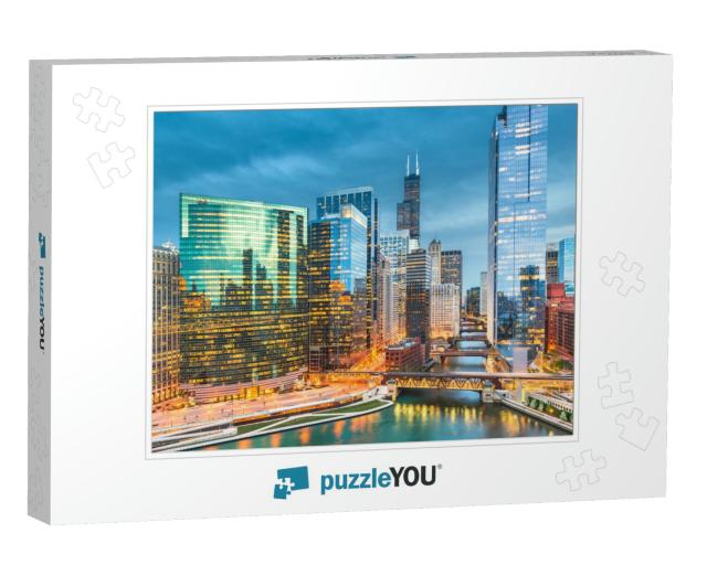 Chicago, Illinois USA Skyline Over the River At Twilight... Jigsaw Puzzle