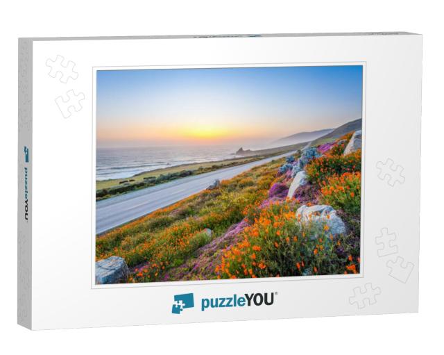 wild flowers and California coastline in Big Sur a Jigsaw Puzzle
