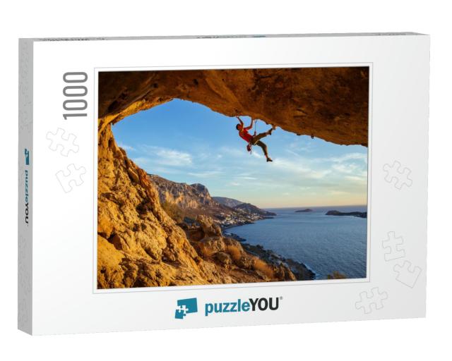 Male Climber on Overhanging Rock Against Beautiful View o... Jigsaw Puzzle with 1000 pieces