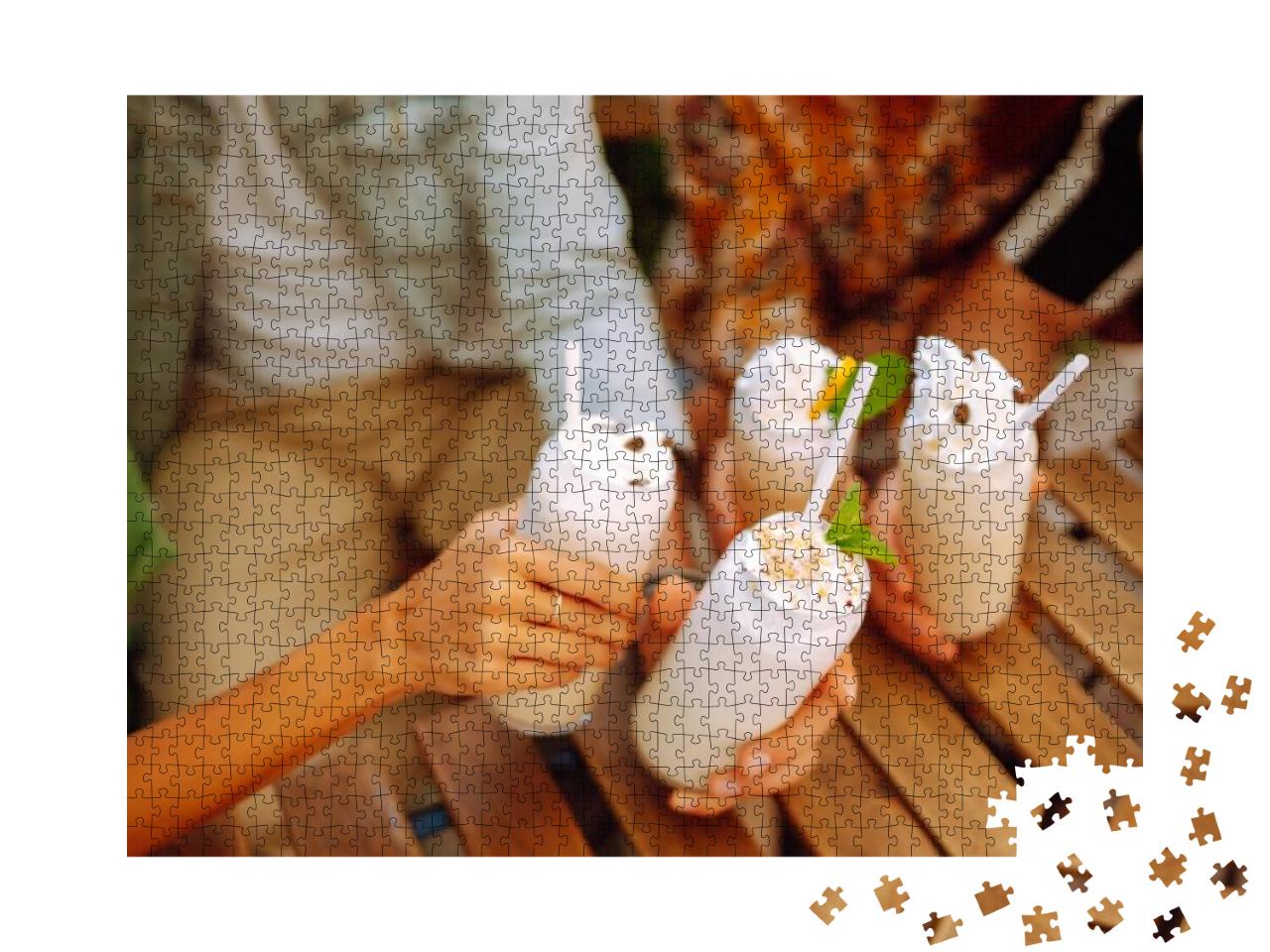 Iced milkshake. Young friends drinking milkshakes Jigsaw Puzzle with 1000 pieces
