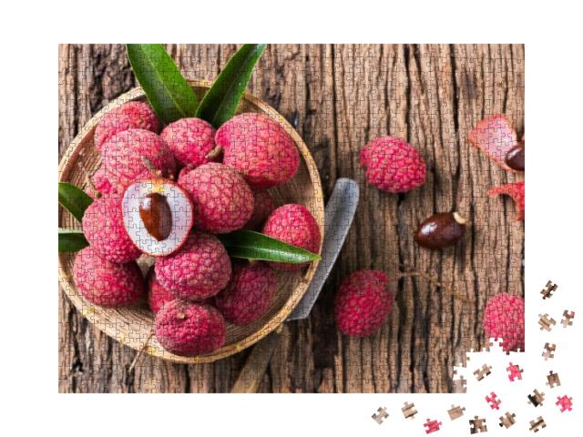 Fresh Organic Lychee Fruit on Bamboo Basket & Old Wood Ba... Jigsaw Puzzle with 1000 pieces