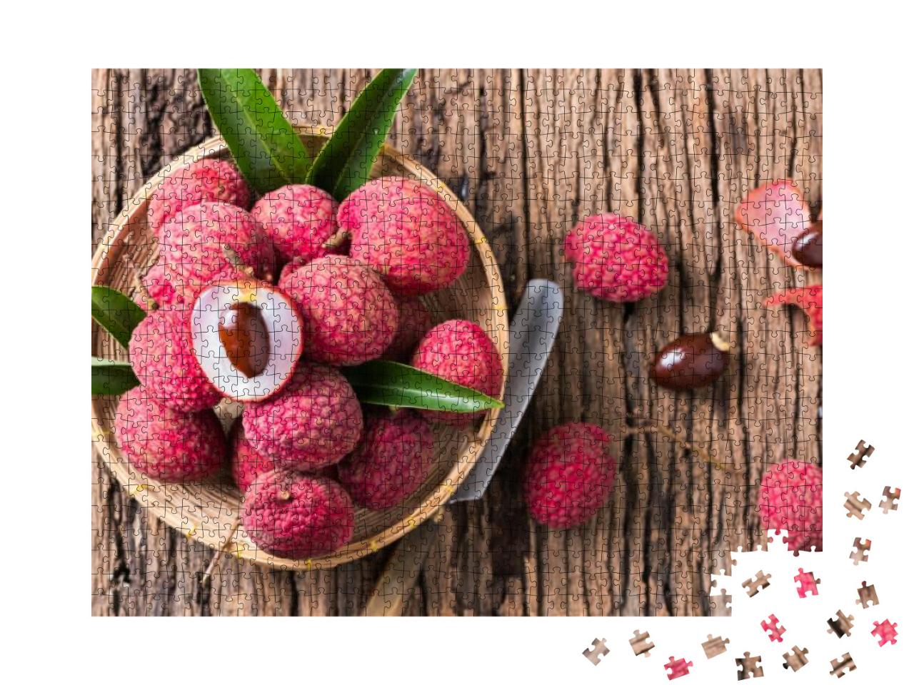 Fresh Organic Lychee Fruit on Bamboo Basket & Old Wood Ba... Jigsaw Puzzle with 1000 pieces