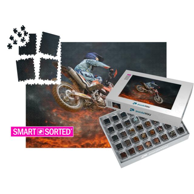 Jumping Motocross Rider with Firestorm in the Background... | SMART SORTED® | Jigsaw Puzzle with 1000 pieces