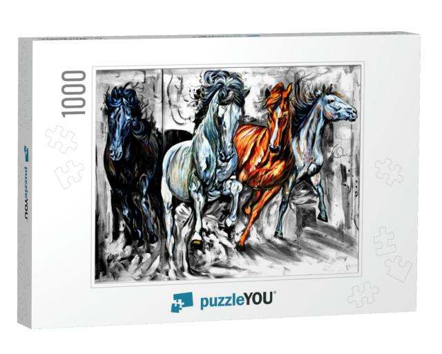 Seven Running Horses Wildlife Decorative Pattern Textured... Jigsaw Puzzle with 1000 pieces