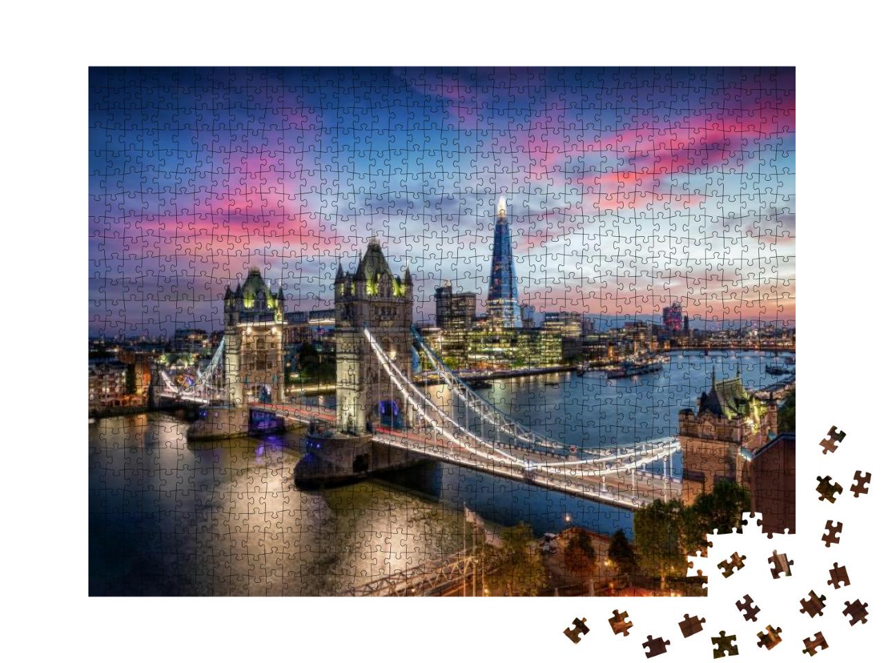 Aerial, Panoramic View to the Lit Tower Bridge & Skyline... Jigsaw Puzzle with 1000 pieces