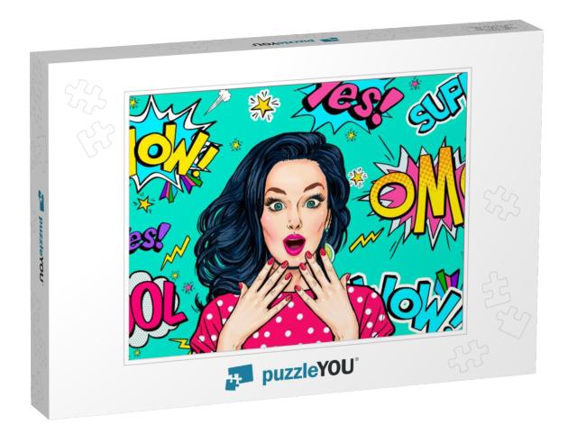 Surprised Woman on Pop Art Background. Advertising Poster... Jigsaw Puzzle