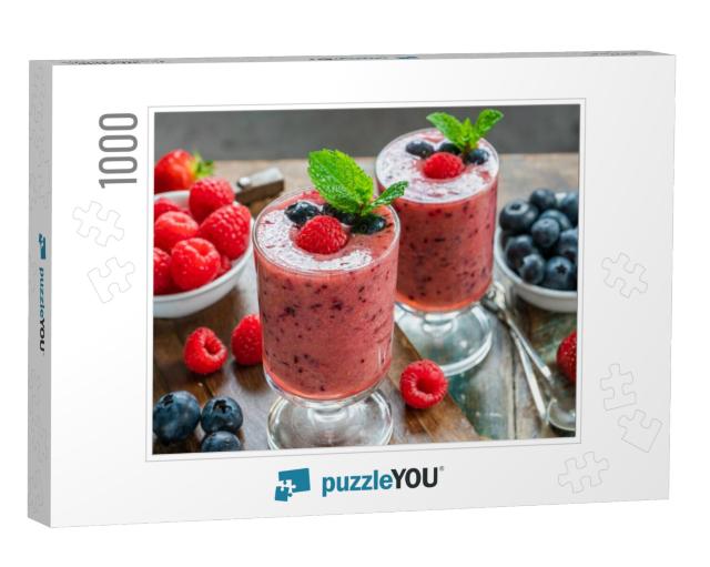 Mixed berry smoothie garnished with fresh fruit an Jigsaw Puzzle with 1000 pieces