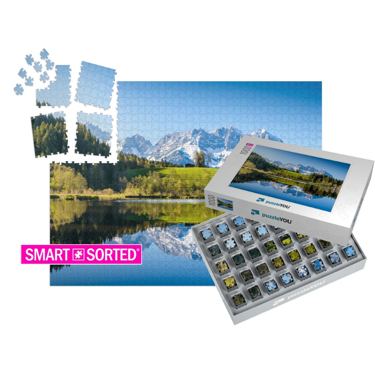 Idyllic Alpine Scenery, Snowy Mountains Mirroring in a Sm... | SMART SORTED® | Jigsaw Puzzle with 1000 pieces