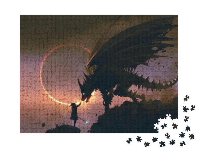 Scene of the Wizard Reaching Hand Out to His Dragon Stand... Jigsaw Puzzle with 1000 pieces