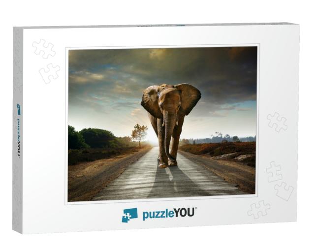Single Elephant Walking in a Road with the Sun from Behin... Jigsaw Puzzle