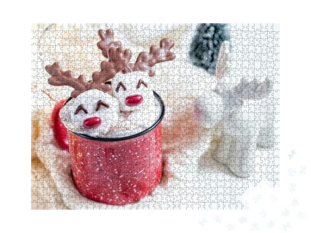 Red Mug with Hot Chocolate with Melted Marshmallow Snowma... Jigsaw Puzzle with 1000 pieces