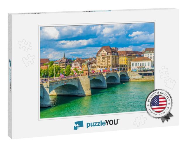 Riverside of Rhine in Basel with Mittlere Brucke, Switzer... Jigsaw Puzzle