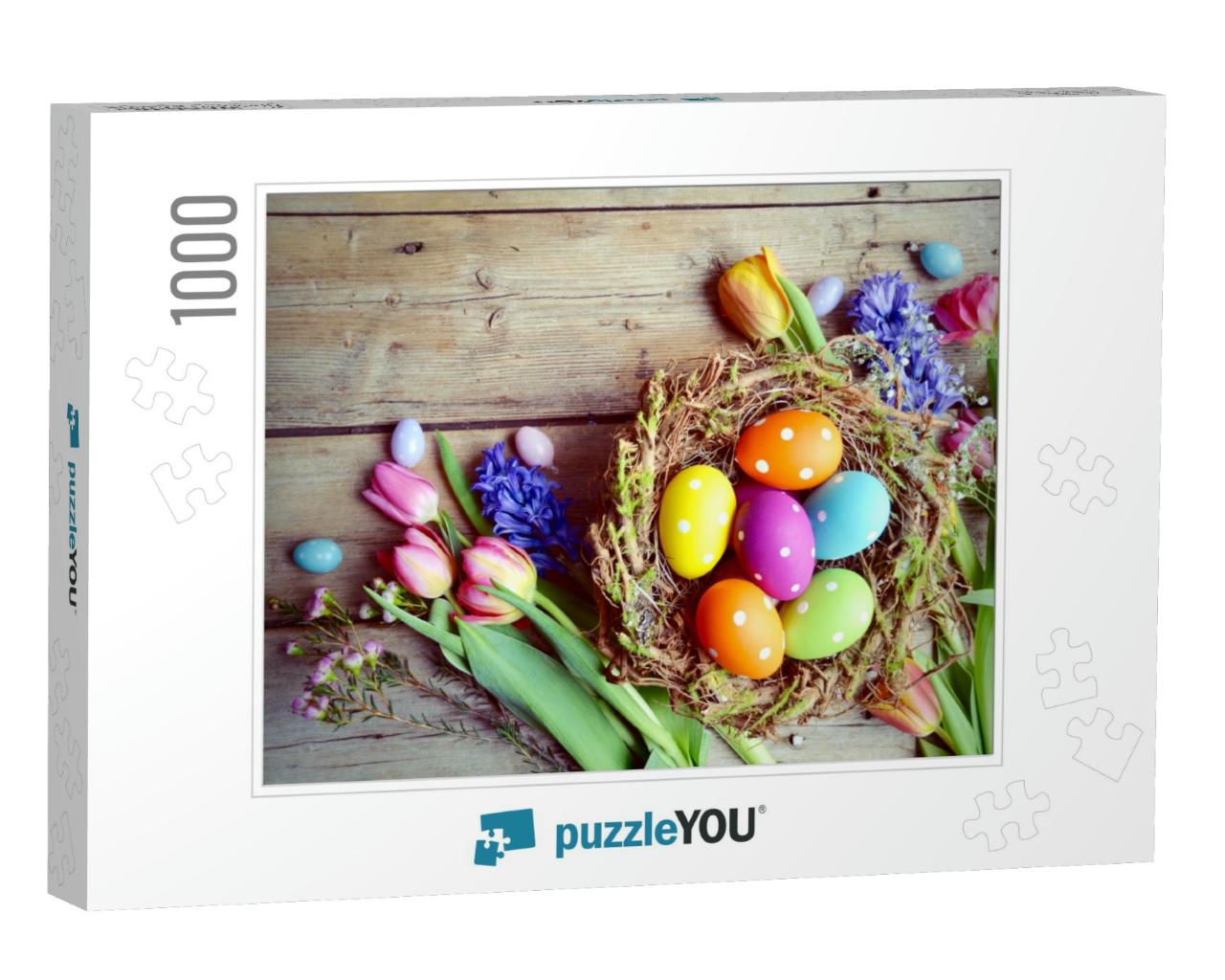 Rustic Easter Background with Nest, Colorful Eggs & Sprin... Jigsaw Puzzle with 1000 pieces