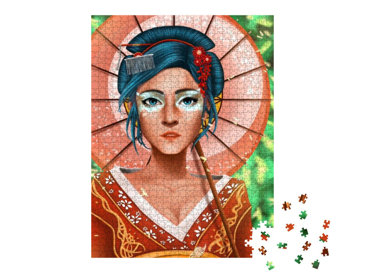 Digital Painting Portrait of Young Geisha Dress Kimono &... Jigsaw Puzzle with 1000 pieces