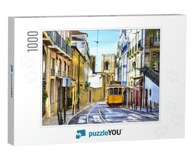 Romantic Lisbon Street with the Typical Yellow Tram & Lis... Jigsaw Puzzle with 1000 pieces