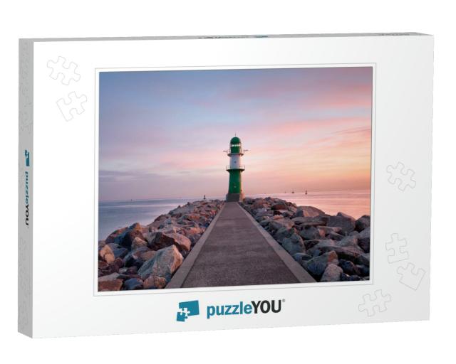 Lighthouse At Sunset in Warnemuende, Baltic Sea... Jigsaw Puzzle