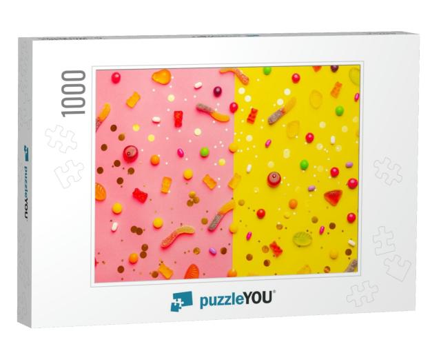 Candy Assorted Layout. Layout with Candy on a Yellow-Pink... Jigsaw Puzzle with 1000 pieces