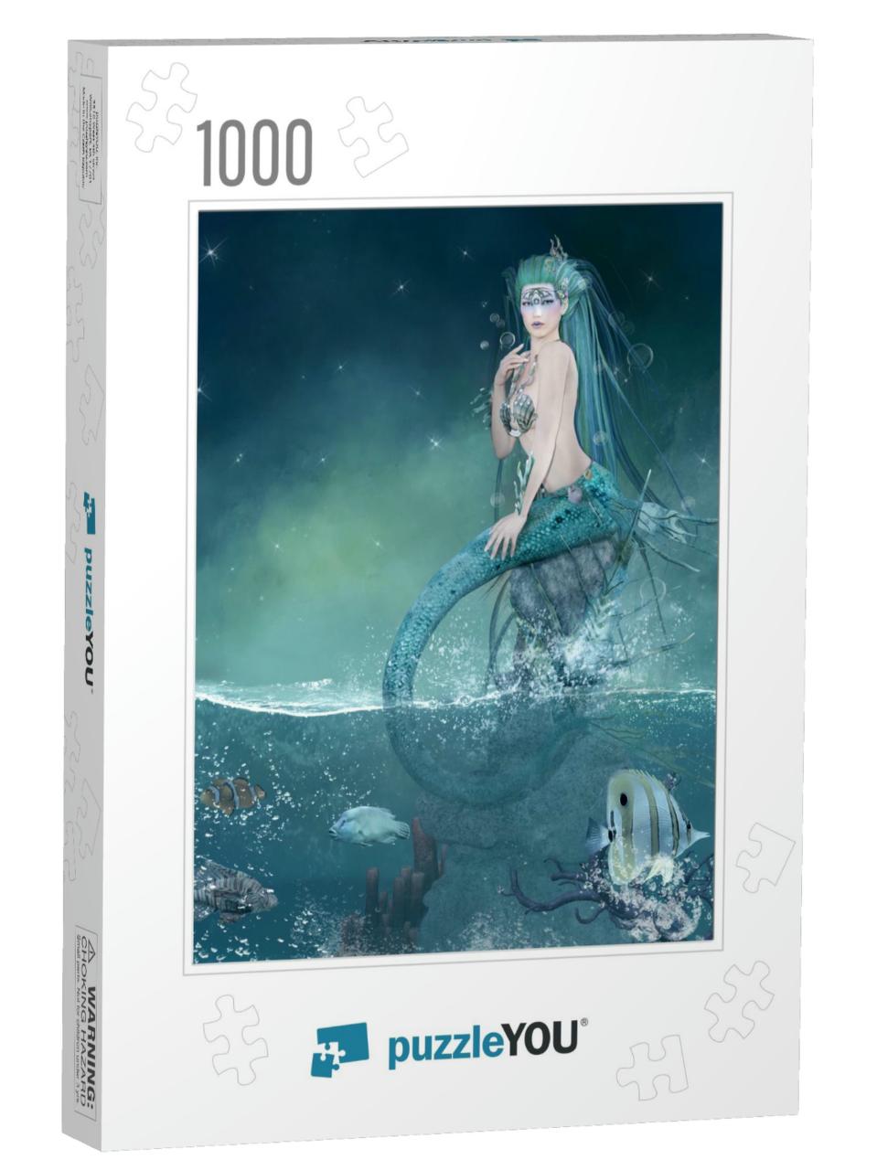Mermaid Over a Rock in a Fantasy Seascape Scenery - 3D Il... Jigsaw Puzzle with 1000 pieces