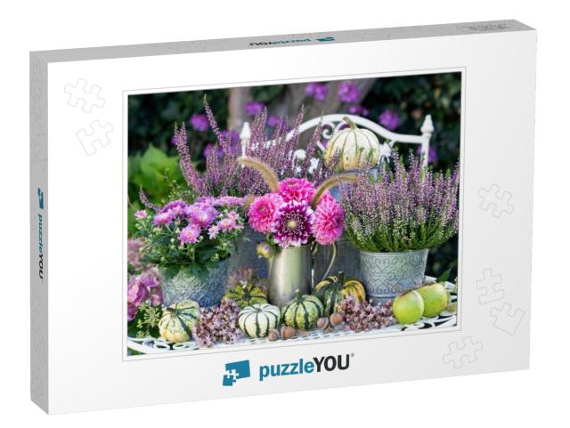 Garden Decoration with Bouquet of Pink Dahlias, Autumn Fl... Jigsaw Puzzle