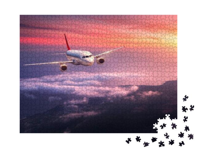 Passenger Airplane. Landscape with Big White Airplane is... Jigsaw Puzzle with 1000 pieces