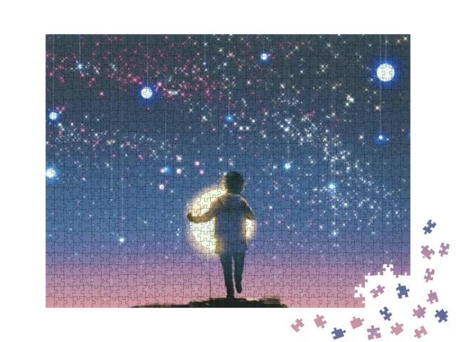 The Boy Holding Glowing Moon Standing Against Hanging Sta... Jigsaw Puzzle with 1000 pieces