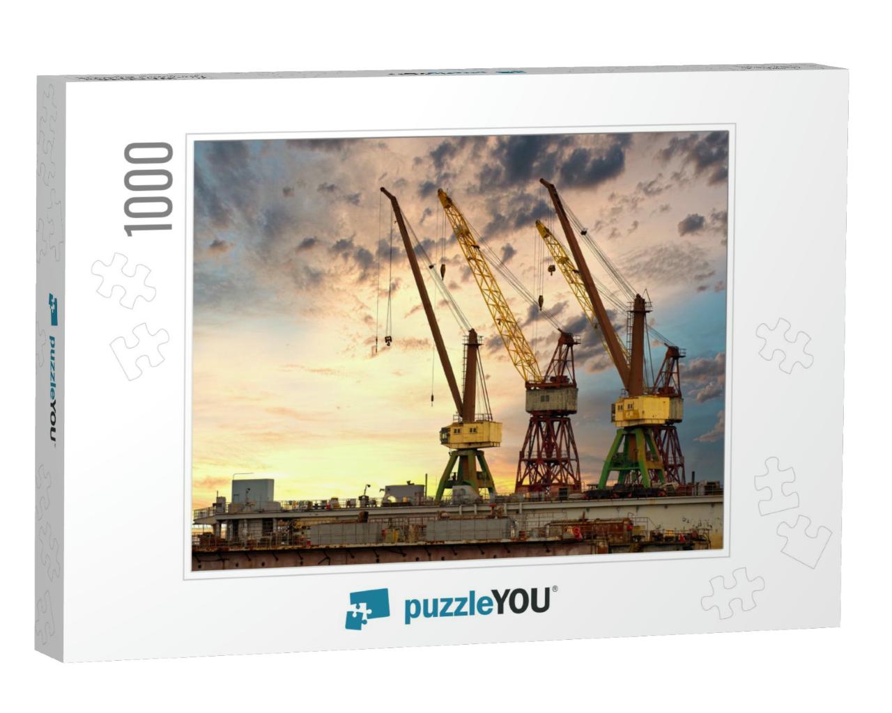Massive Blue, Orange & Yellow Cranes in Harbor... Jigsaw Puzzle with 1000 pieces