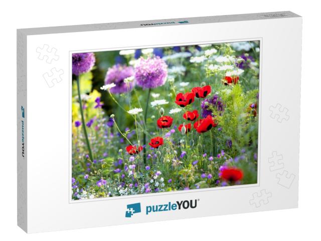 Wild Flower Garden with Poppies with Morning Sunlight... Jigsaw Puzzle