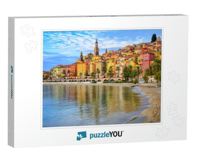 Sand Beach Beneath the Colorful Old Town Menton on French... Jigsaw Puzzle