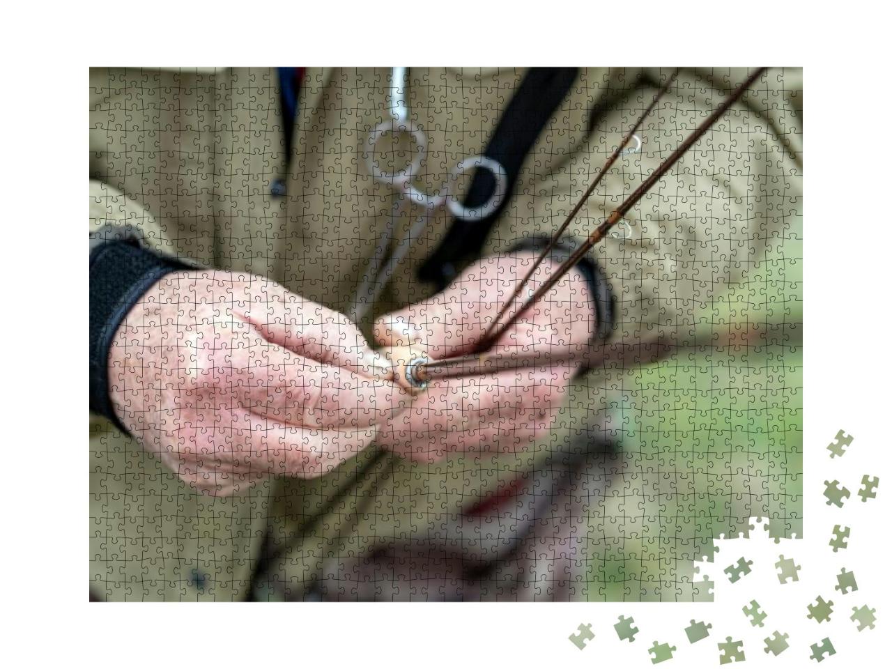 Close-Up of a Fisherman's Hand Adjusting Fly Fishing Rods... Jigsaw Puzzle with 1000 pieces
