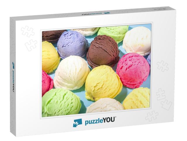 Colorful Various Ice Cream Scoops Pattern on Pastel Blue... Jigsaw Puzzle