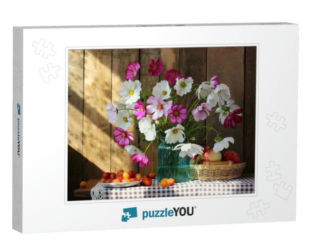 Sunny Still Life with Garden Flowers & Fruits. Bouquet in... Jigsaw Puzzle