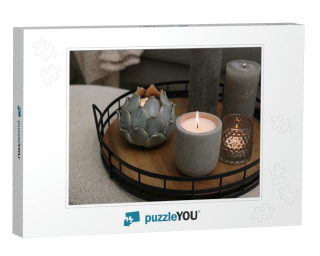 Tray with Burning Candles on Ottoman Indoors... Jigsaw Puzzle