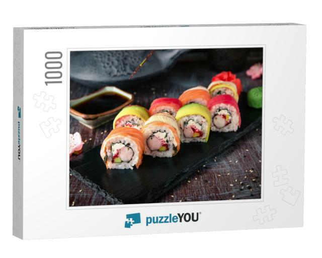 Rainbow Sushi Roll with Salmon, Eel, Tuna, Avocado, Royal... Jigsaw Puzzle with 1000 pieces