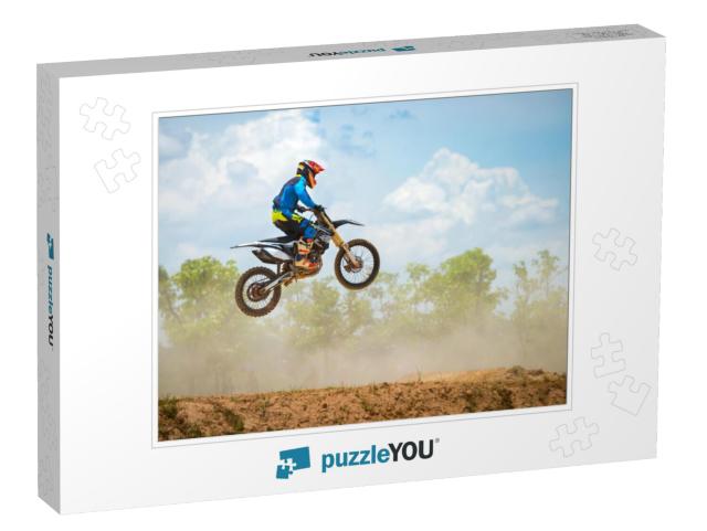 Motocross Rider Jump in a Blue Sky with Clouds. Enduro Bi... Jigsaw Puzzle