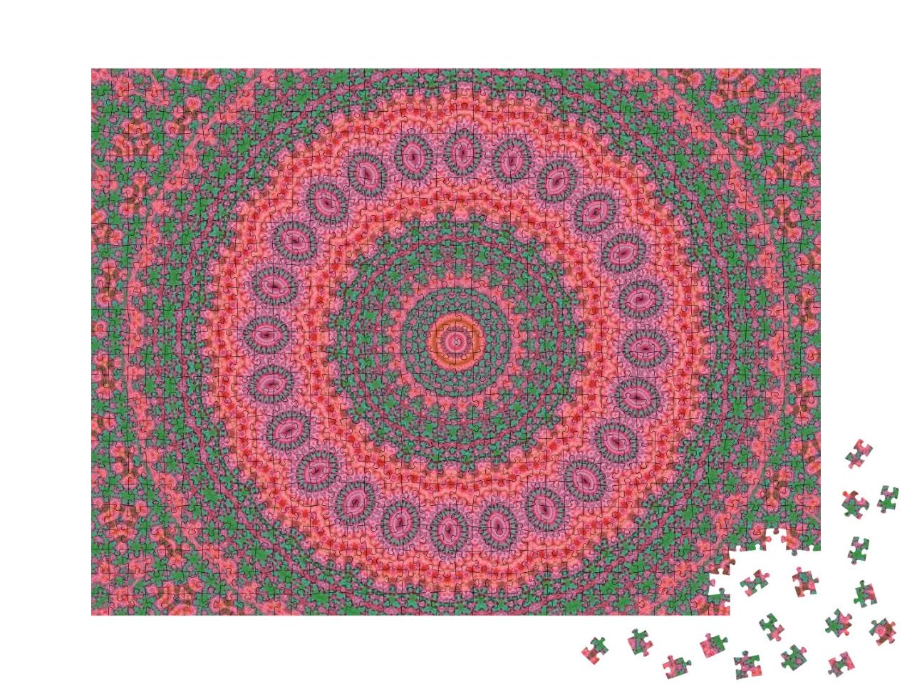 A Magenta Hot Pink & Lime Green Chartreuse Mandala Patter... Jigsaw Puzzle with 1000 pieces