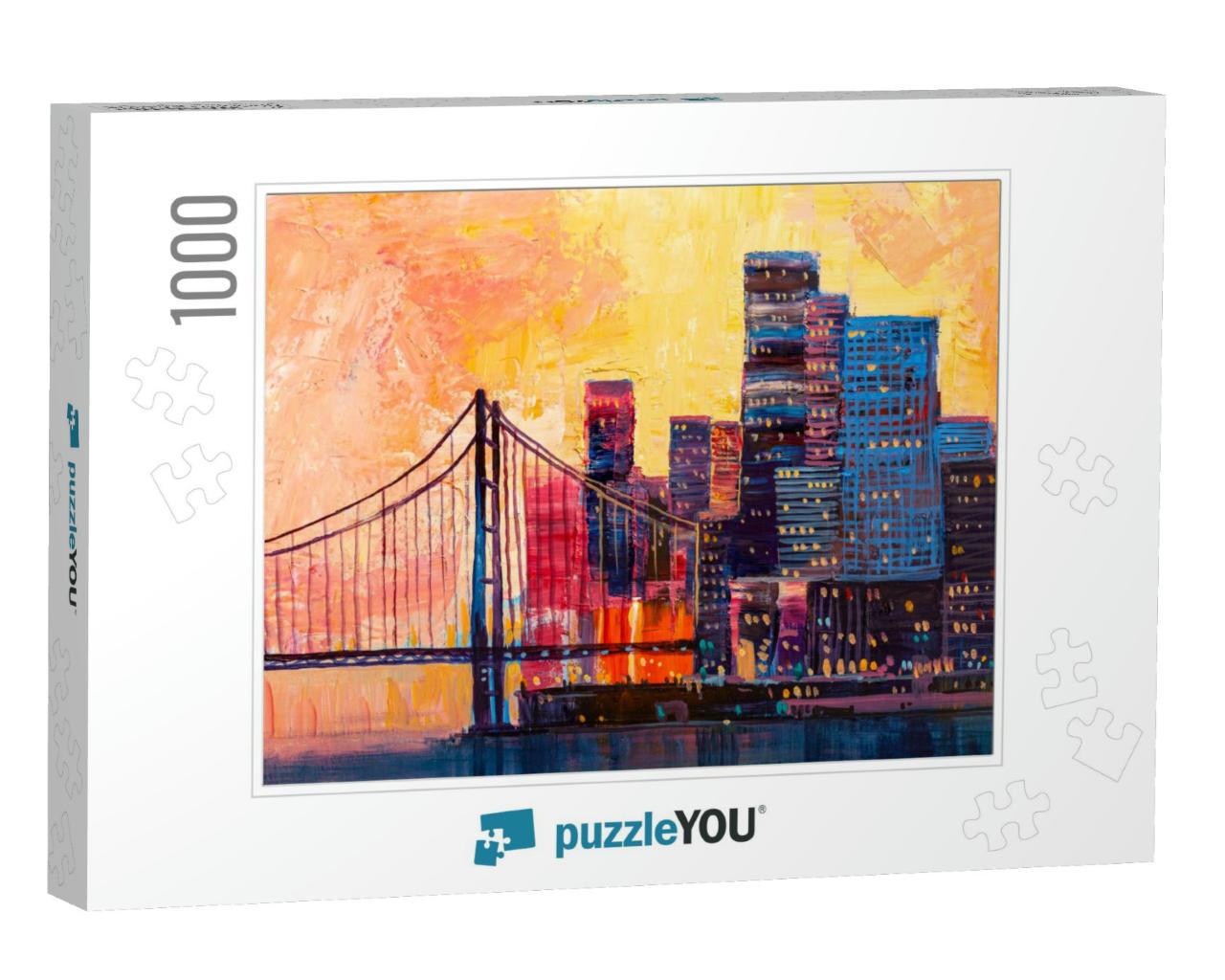 Abstract Oil Painting, Panorama of the City with a Bridge... Jigsaw Puzzle with 1000 pieces
