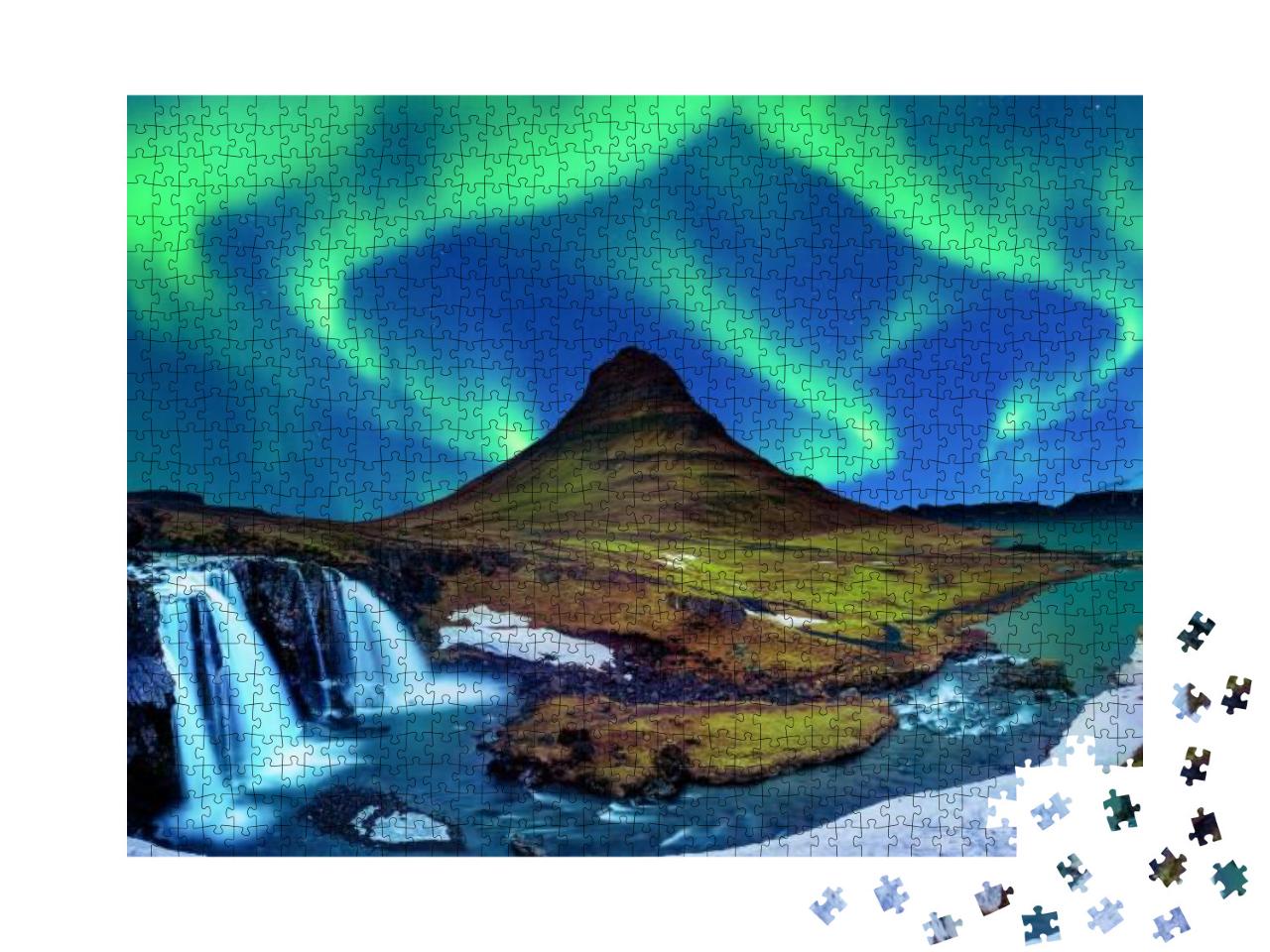 Northern Light, Aurora Borealis At Kirkjufell in Iceland... Jigsaw Puzzle with 1000 pieces