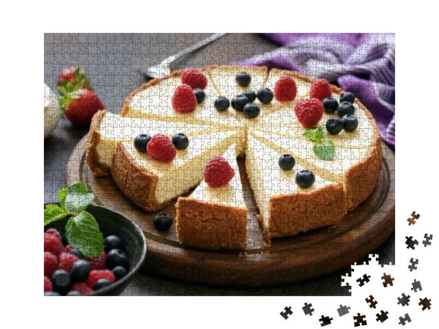 Classic Plain New York Cheesecake Sliced on Wooden Board... Jigsaw Puzzle with 1000 pieces