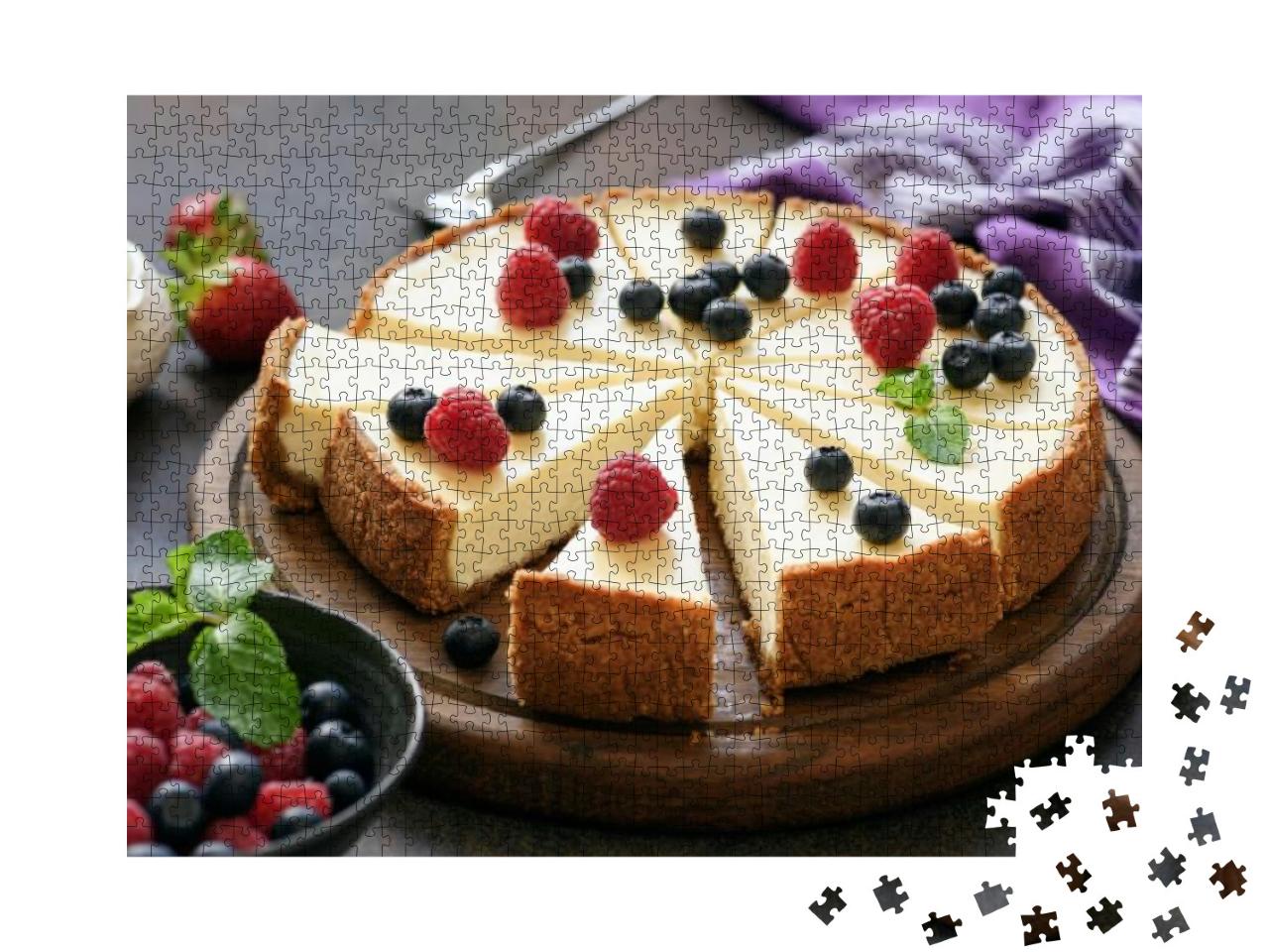 Classic Plain New York Cheesecake Sliced on Wooden Board... Jigsaw Puzzle with 1000 pieces