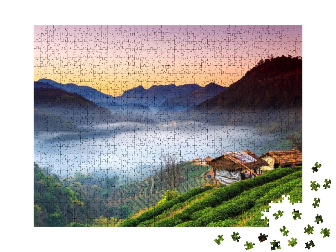 Sunrise & Foggy Mountain View of Tea Plantation At Doi An... Jigsaw Puzzle with 1000 pieces