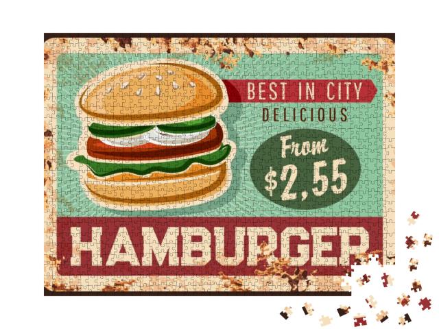 Hamburger Rusty Metal Plate. Fast Food Takeaway Meal Retr... Jigsaw Puzzle with 1000 pieces