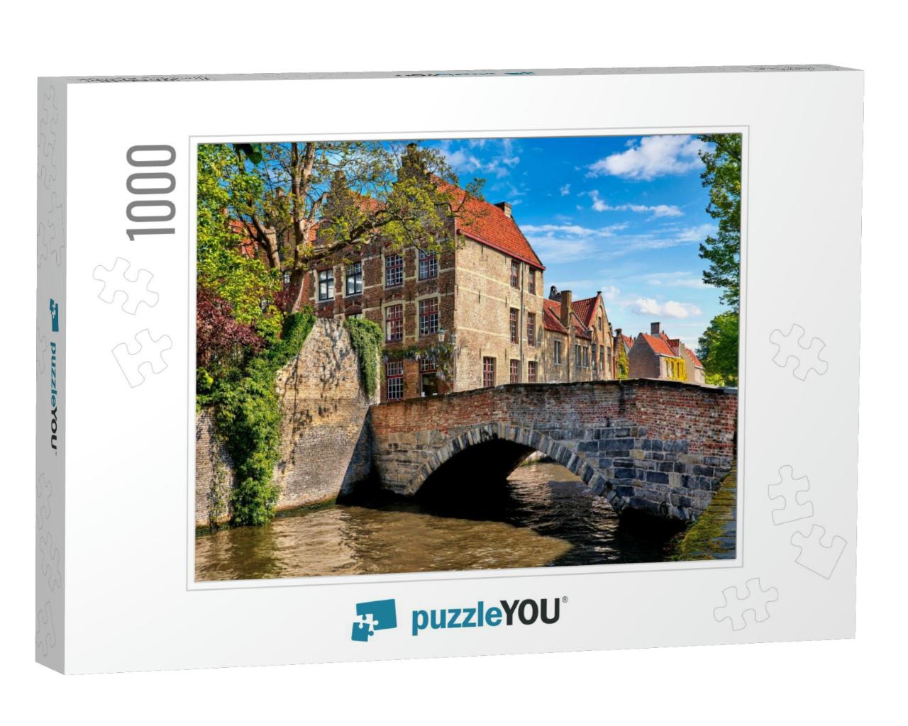 Bruges Belgium Vintage Stone Houses & Bridge Over Canal A... Jigsaw Puzzle with 1000 pieces