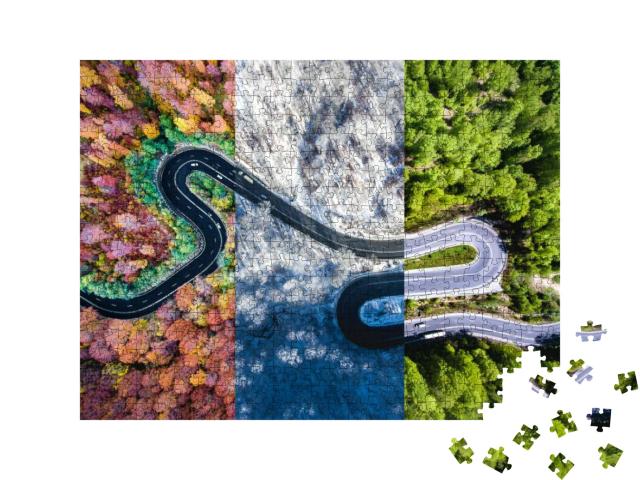 Winding Road in the Forest. Autumn, Summer & Winter Time... Jigsaw Puzzle with 500 pieces