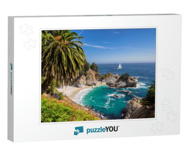 Beautiful Beach with Palm Trees & the White Yacht on the... Jigsaw Puzzle