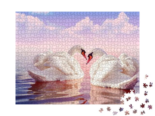 Couple of Beautiful White Swans in the Foggy Rose Lake At... Jigsaw Puzzle with 1000 pieces
